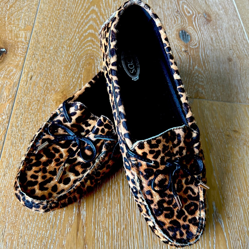 Tod’s leopard print calf hair loafers